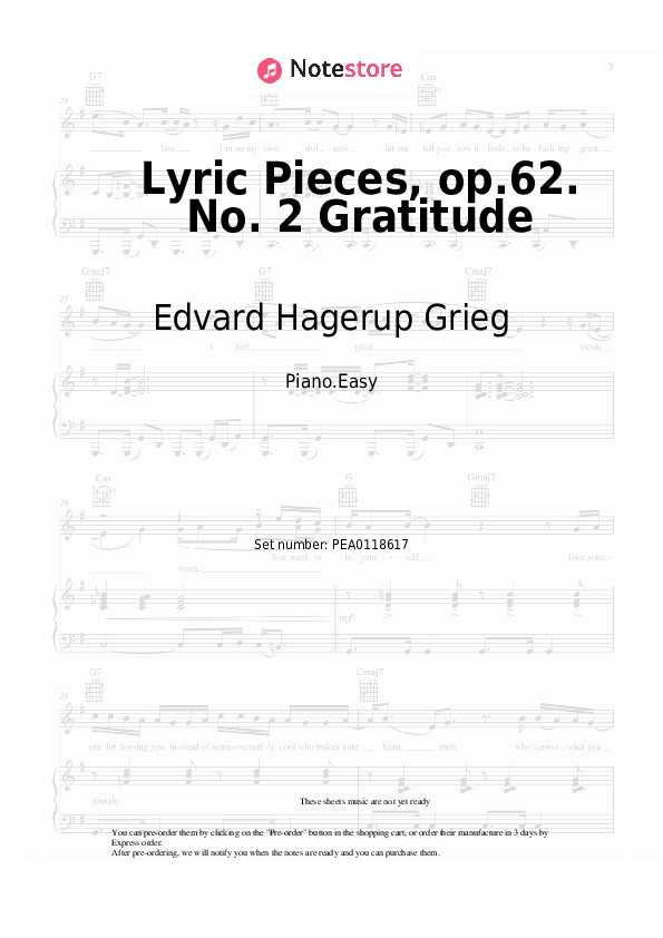 Easy sheet music Edvard Hagerup Grieg - Lyric Pieces, op.62. No. 2 Gratitude - Piano.Easy
