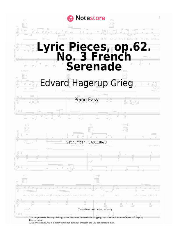 Easy sheet music Edvard Hagerup Grieg - Lyric Pieces, op.62. No. 3 French Serenade - Piano.Easy