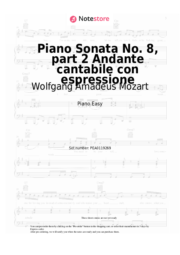 Easy sheet music Wolfgang Amadeus Mozart - Piano Sonata No. 8, K. 310/300d, part 2 Andante cantabile con espressione - Piano.Easy