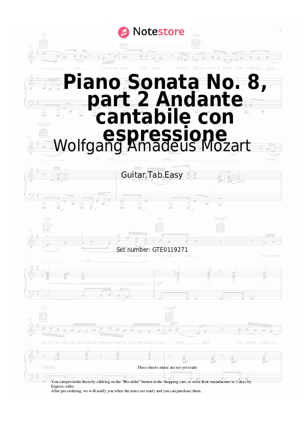 Easy Tabs Wolfgang Amadeus Mozart - Piano Sonata No. 8, K. 310/300d, part 2 Andante cantabile con espressione - Guitar.Tab.Einfach