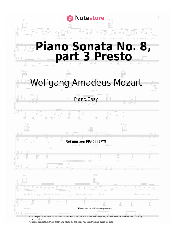 Easy sheet music Wolfgang Amadeus Mozart - Piano Sonata No. 8, K. 310/300d, part 3 Presto - Piano.Easy