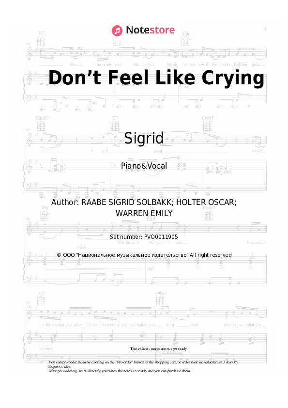 Don’t Feel Like Crying - Sigrid Piano Sheet Music with the Voice part - Piano&Vocal