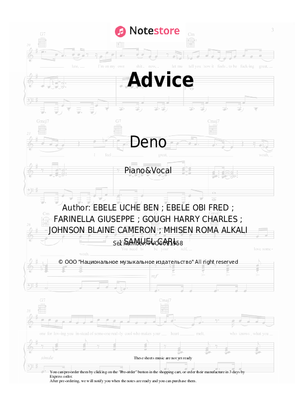 Sheet music with the voice part Cadet, Deno - Advice - Piano&Vocal