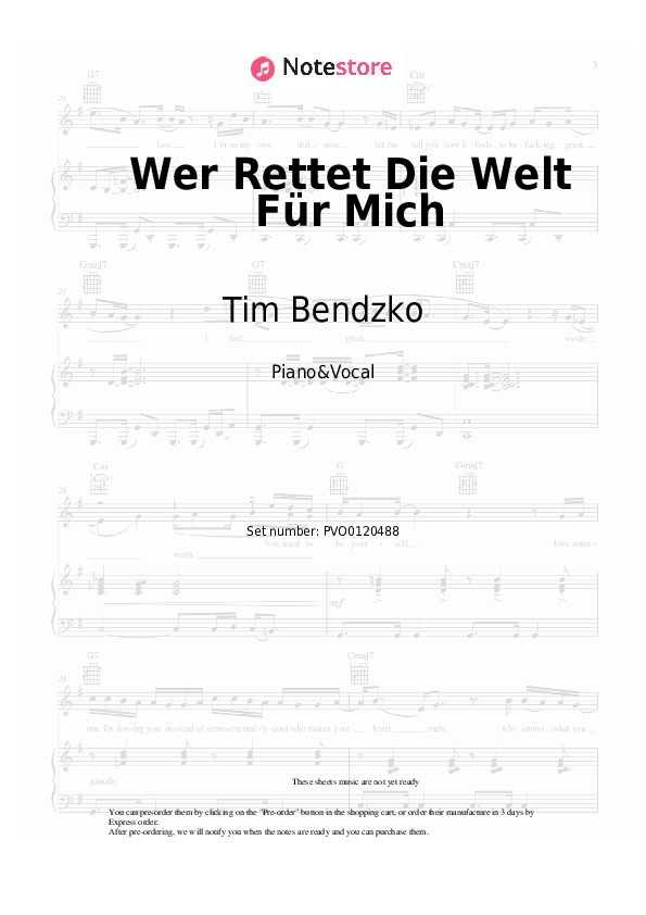Sheet music with the voice part Tim Bendzko - Wer Rettet Die Welt Für Mich - Piano&Vocal