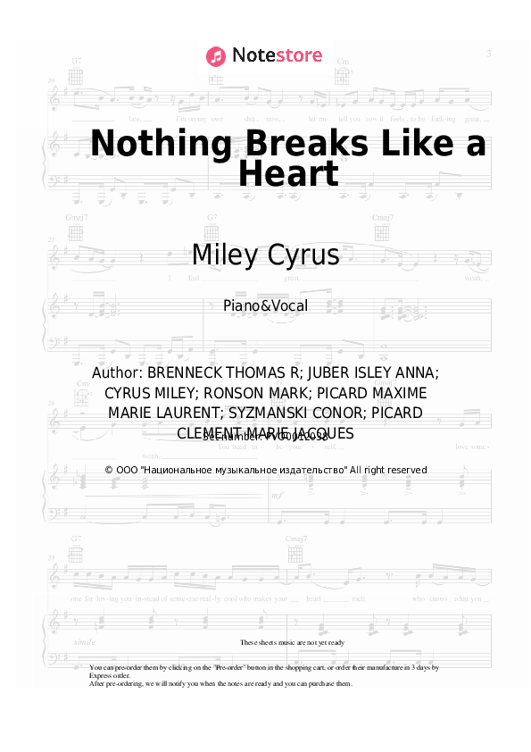 Sheet music with the voice part Mark Ronson, Miley Cyrus - Nothing Breaks Like a Heart - Piano&Vocal
