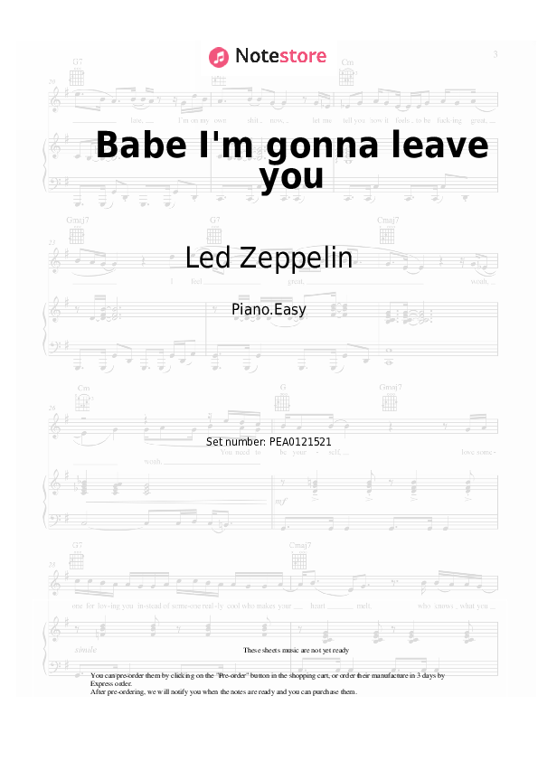 Easy sheet music Led Zeppelin - Babe I'm gonna leave you - Piano.Easy