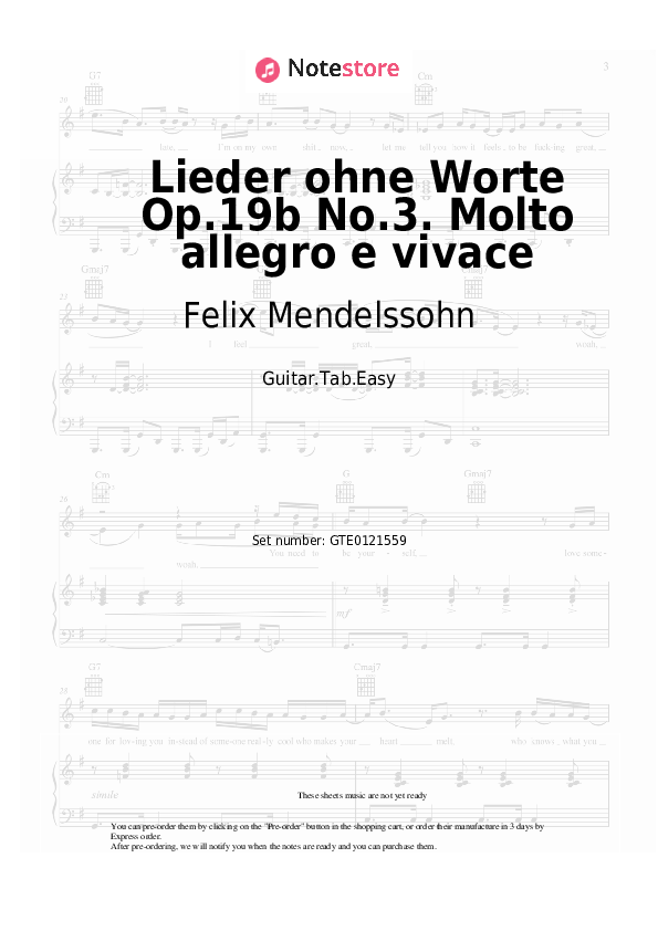 Easy Tabs Felix Mendelssohn - Lieder ohne Worte Op.19b No.3. Molto allegro e vivace - Guitar.Tab.Easy