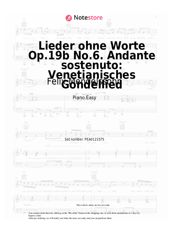 Easy sheet music Felix Mendelssohn - Lieder ohne Worte Op.19b No.6. Andante sostenuto: Venetianisches Gondellied - Piano.Easy