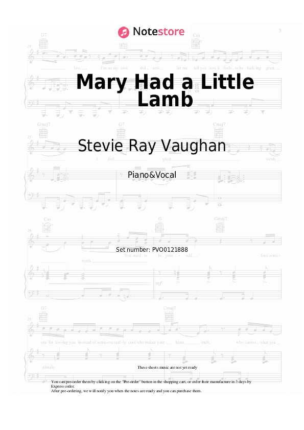 Mary Had a Little Lamb - Stevie Ray Vaughan Piano Sheet Music with the Voice part - Piano&Vocal