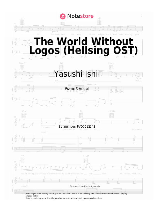 Sheet music with the voice part Yasushi Ishii - The World Without Logos (Hellsing OST) - Piano&Vocal