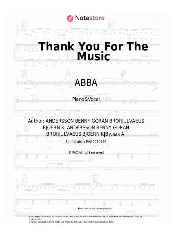 Sheet music with the voice part ABBA - Thank You For The Music - Piano&Vocal