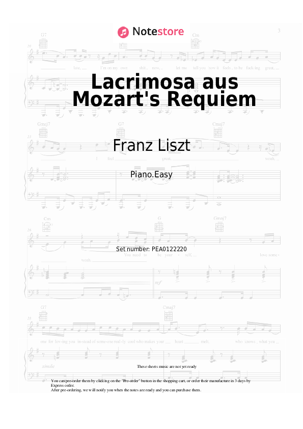 Easy sheet music Franz Liszt - Lacrimosa aus Mozart's Requiem - Piano.Easy