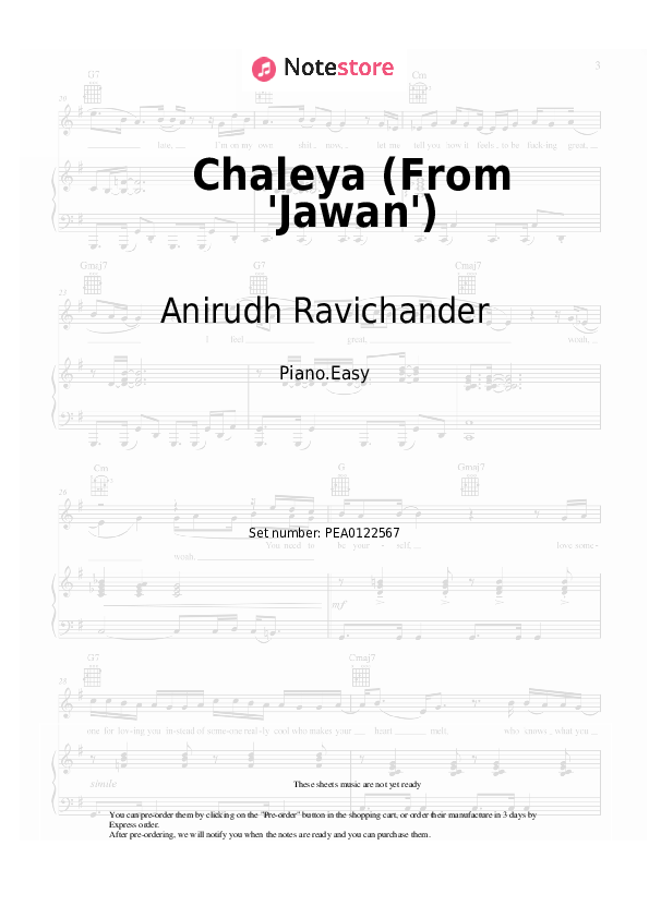 Easy sheet music Anirudh Ravichander, Arijit Singh, Shilpa Rao - Chaleya (From 'Jawan') - Piano.Easy