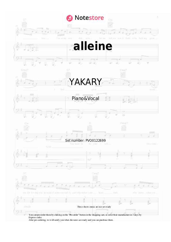 Sheet music with the voice part YAKARY - alleine - Piano&Vocal