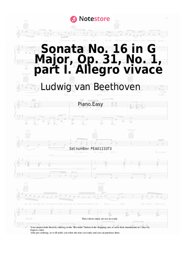 Easy sheet music Ludwig van Beethoven - Sonata No. 16 in G Major, Op. 31, No. 1, part I. Allegro vivace - Piano.Easy