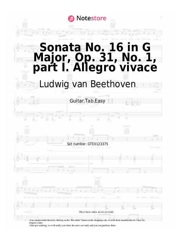 Sonata No. 16 in G Major, Op. 31, No. 1, part I. Allegro vivace - Ludwig van Beethoven Tabs Easy - Guitar.Tab.Easy