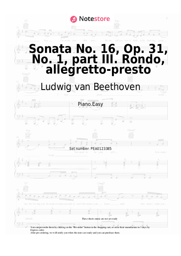 Easy sheet music Ludwig van Beethoven - Sonata No. 16, Op. 31, No. 1, part III. Rondo, allegretto-presto - Piano.Easy