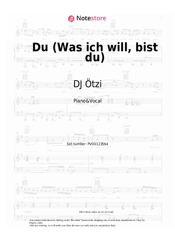 Sheet music with the voice part DJ Ötzi - Du (Was ich will, bist du) - Piano&Vocal