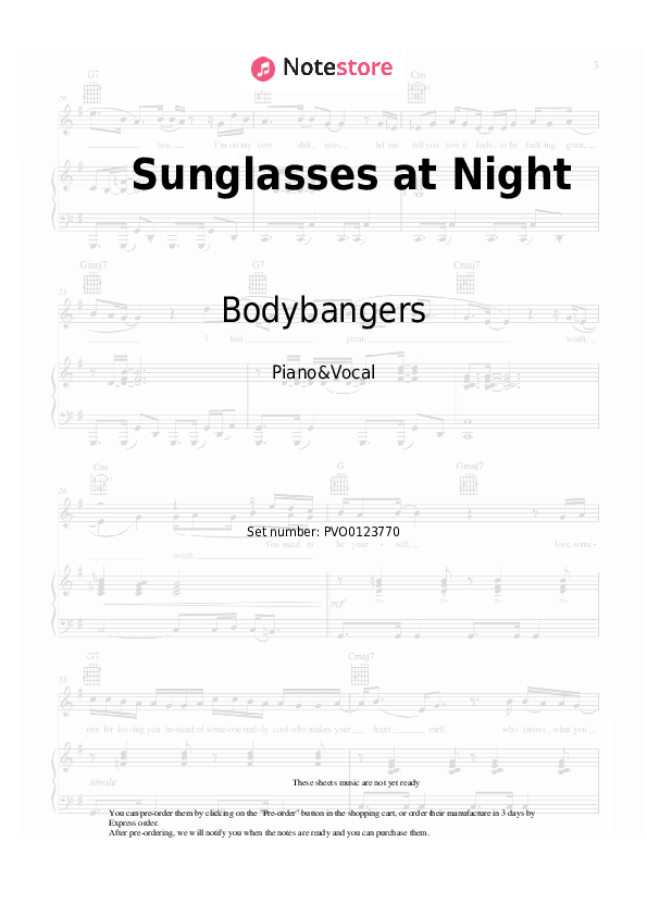 Sunglasses at Night - Bodybangers Piano Sheet Music with the Voice part - Piano&Vocal