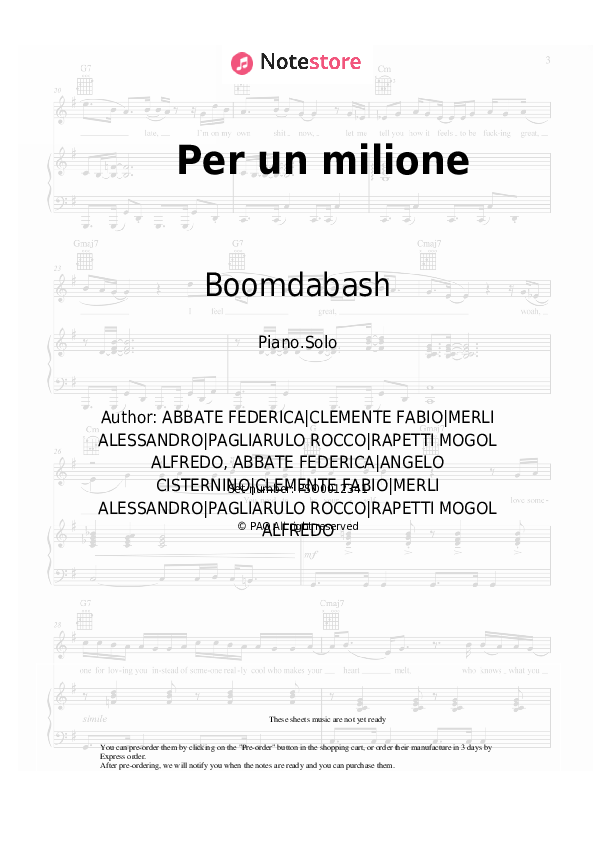 Boomdabash - Per un milione piano sheet music