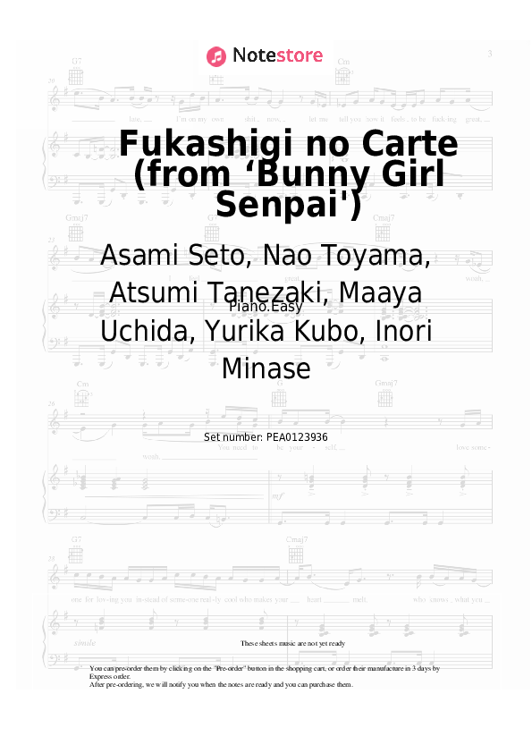 Easy sheet music Asami Seto, Nao Toyama, Atsumi Tanezaki, Maaya Uchida, Yurika Kubo, Inori Minase - Fukashigi no Carte (from ‘Bunny Girl Senpai') - Piano.Easy