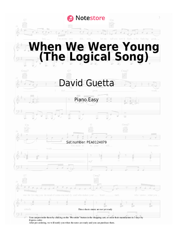 Easy sheet music David Guetta, Kim Petras - When We Were Young (The Logical Song) - Piano.Easy