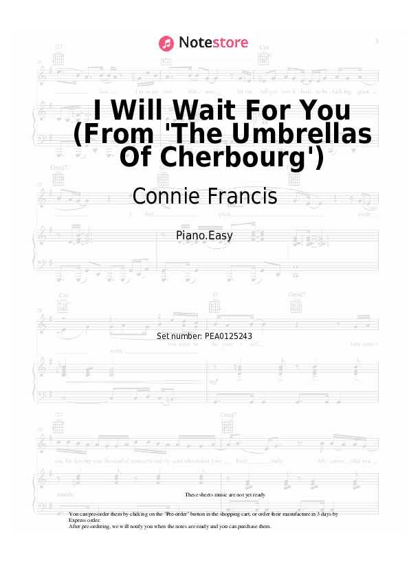 Easy sheet music Connie Francis - I Will Wait For You (From 'The Umbrellas Of Cherbourg') - Piano.Easy