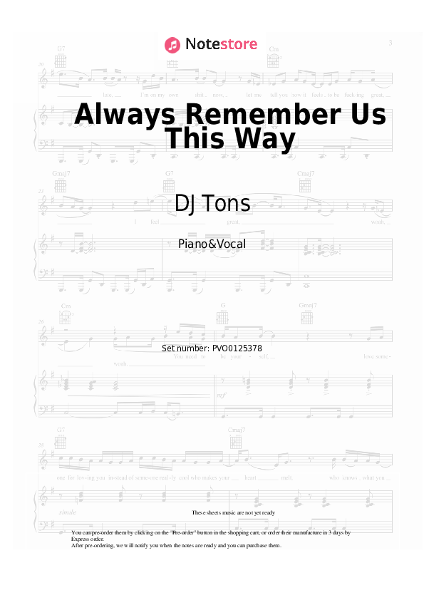 Sheet music with the voice part DJ Tons - Always Remember Us This Way - Piano&Vocal