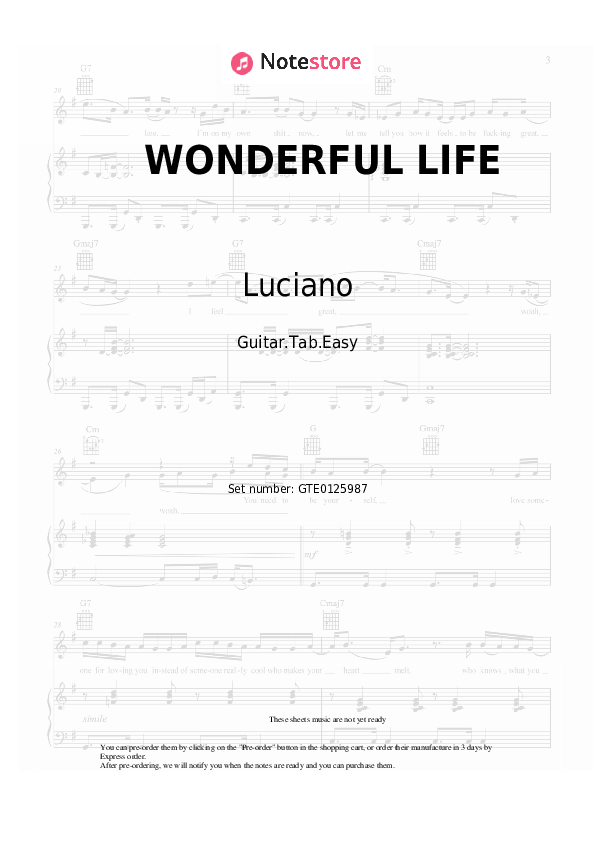 Easy Tabs Luciano, Hurts, 6PM RECORDS, SIRA - WONDERFUL LIFE - Guitar.Tab.Easy