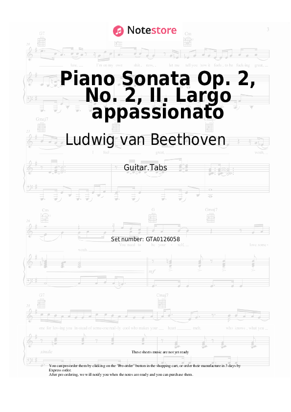 Tabs Ludwig van Beethoven - Piano Sonata Op. 2, No. 2, II. Largo appassionato - Guitar.Tabs