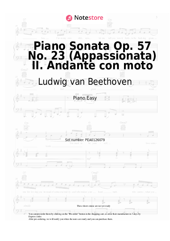 Easy sheet music Ludwig van Beethoven - Piano Sonata Op. 57 No. 23 (Appassionata) II. Andante con moto - Piano.Easy