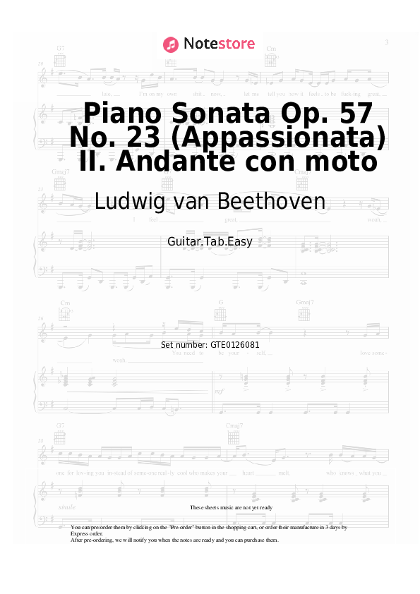 Piano Sonata Op. 57 No. 23 (Appassionata) II. Andante con moto - Ludwig van Beethoven Tabs Easy - Guitar.Tab.Easy