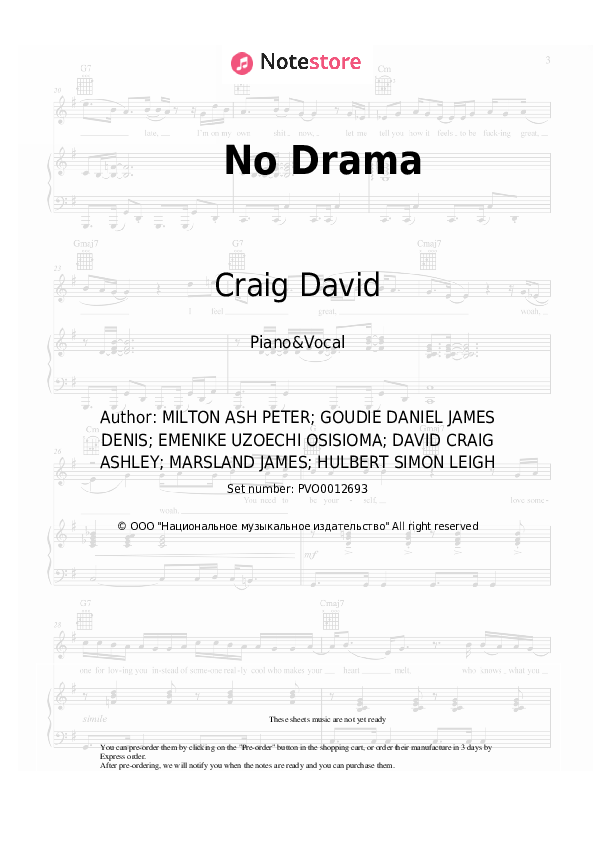Sheet music with the voice part James Hype, Craig David - No Drama - Piano&Vocal