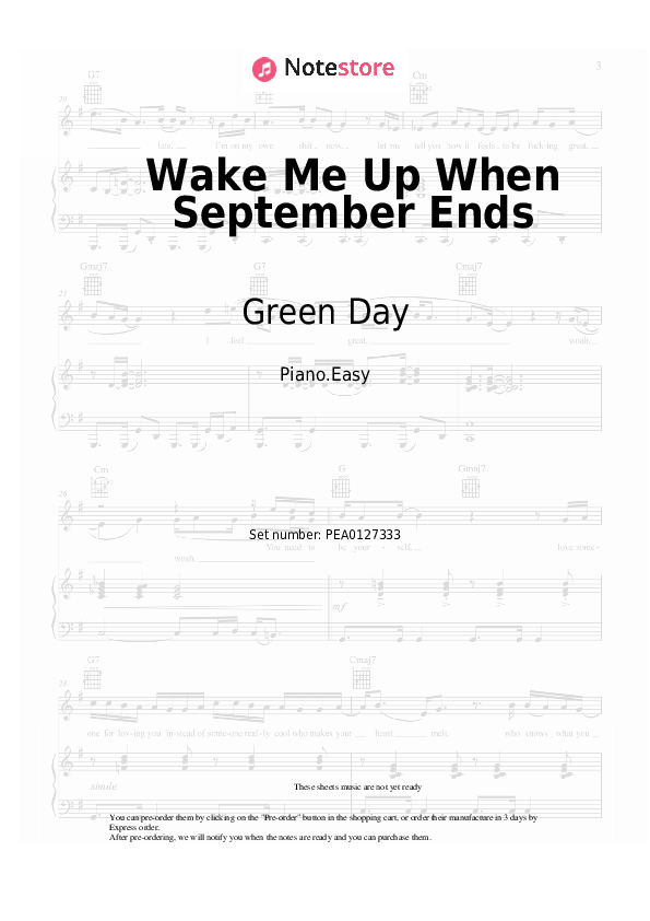 Easy sheet music Green Day - Wake Me Up When September Ends - Piano.Easy