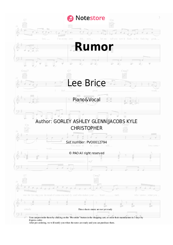 Sheet music with the voice part Lee Brice - Rumor - Piano&Vocal