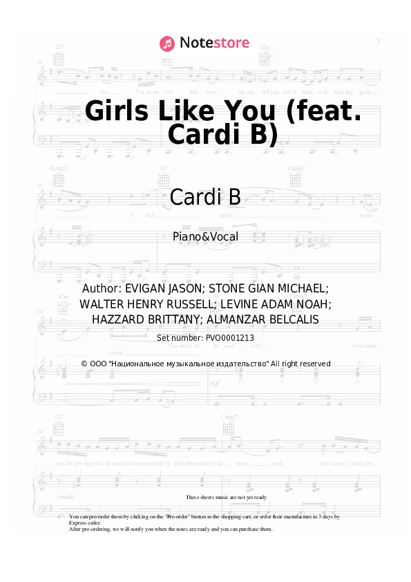 Girls Like You - Maroon 5, Cardi B Piano Sheet Music with the Voice part - Piano&Vocal