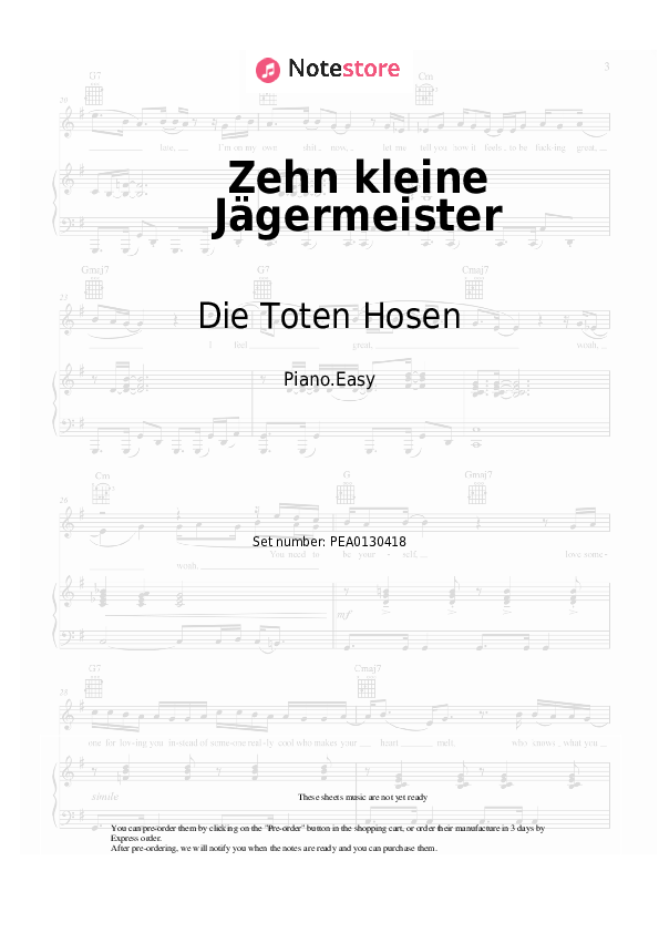 Easy sheet music Die Toten Hosen - Zehn kleine Jägermeister - Piano.Easy
