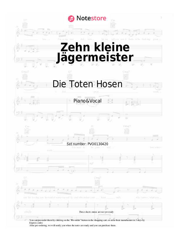 Zehn kleine Jägermeister - Die Toten Hosen Piano Sheet Music with the Voice part - Piano&Vocal