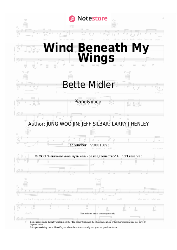 Sheet music with the voice part Bette Midler - Wind Beneath My Wings - Piano&Vocal