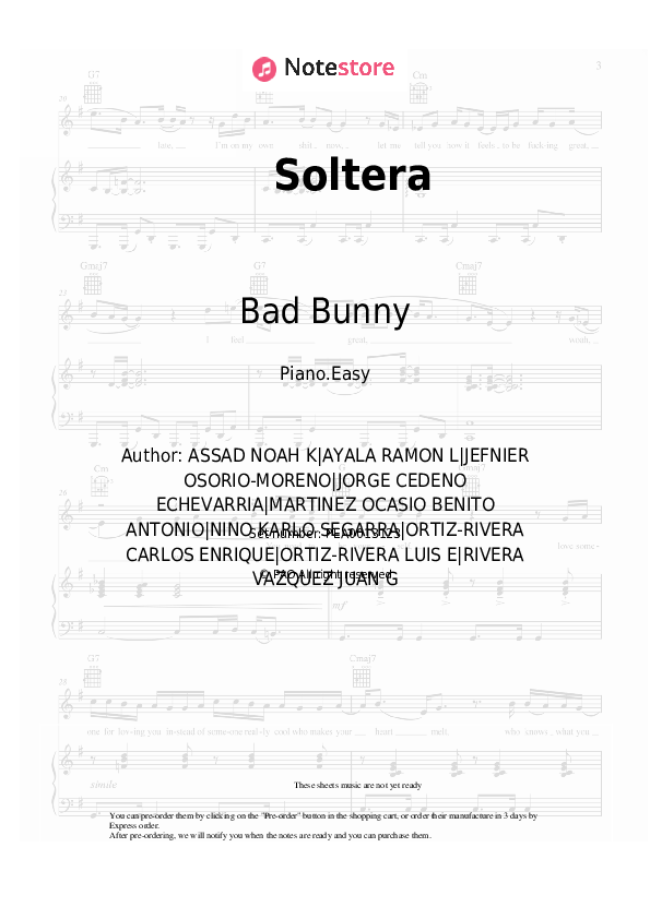 Easy sheet music Lunay, Daddy Yankee, Bad Bunny - Soltera - Piano.Easy