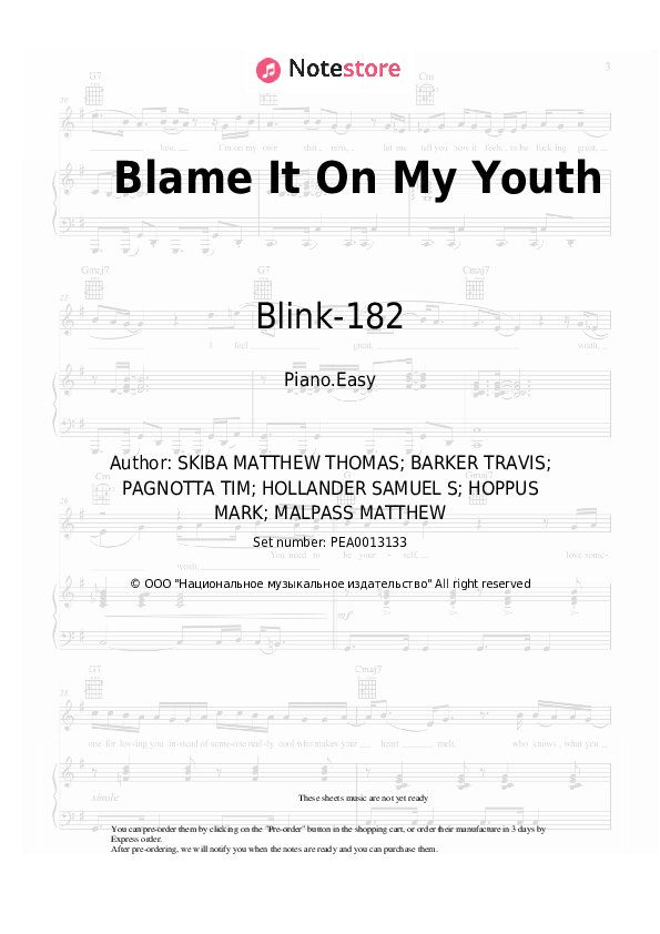 Blame It On My Youth - Blink-182 Piano Sheet Music Easy - Piano.Easy