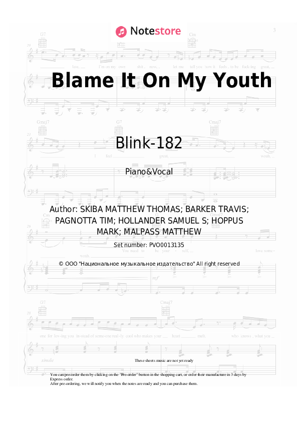 Sheet music with the voice part Blink-182 - Blame It On My Youth - Piano&Vocal