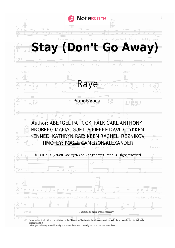 Sheet music with the voice part David Guetta, Raye - Stay (Don't Go Away) - Piano&Vocal
