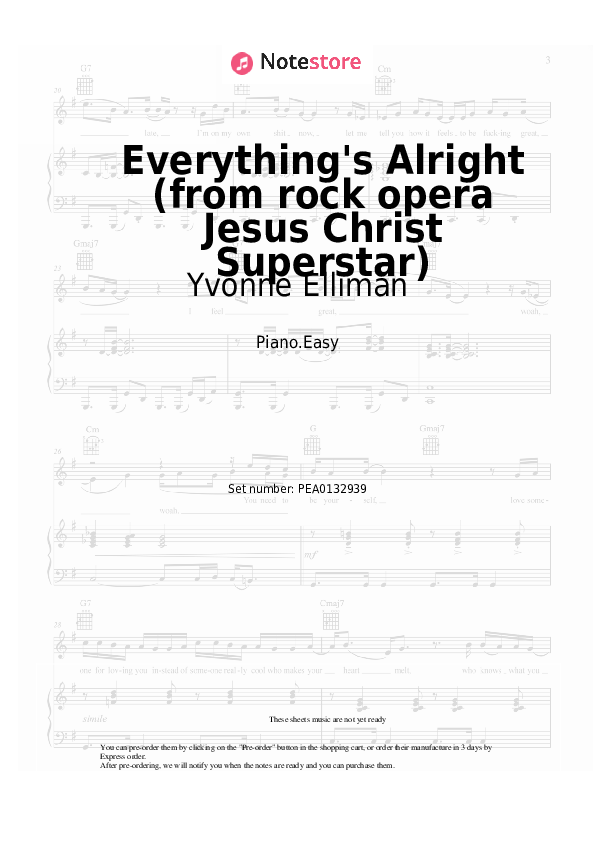 Easy sheet music Yvonne Elliman, Ian Gillan, Murray Head - Everything's Alright (from rock opera Jesus Christ Superstar) - Piano.Easy