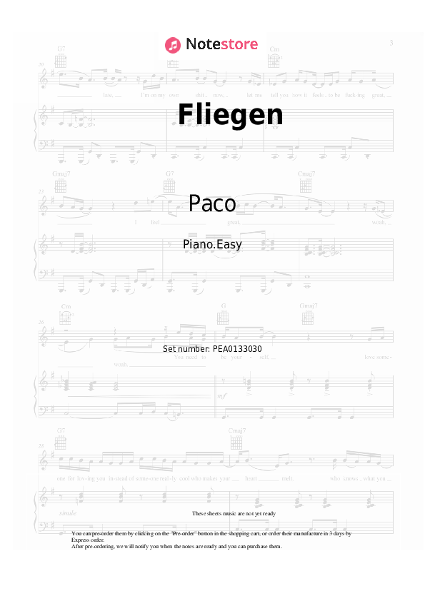 Fliegen - Paco Piano Sheet Music Easy - Piano.Easy