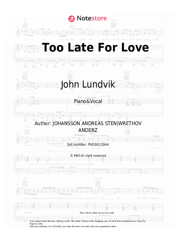Sheet music with the voice part John Lundvik - Too Late For Love - Piano&Vocal