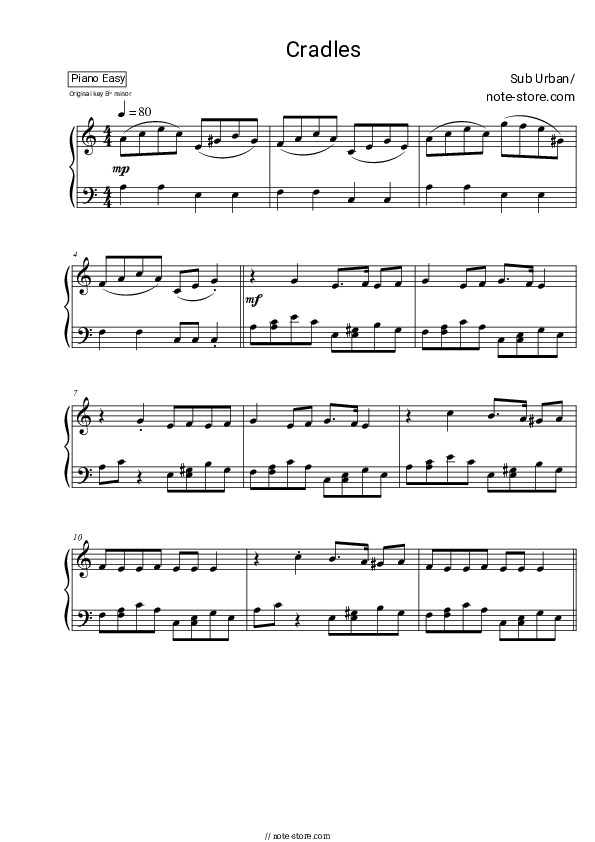 Easy sheet music Sub Urban - Cradles - Piano.Easy