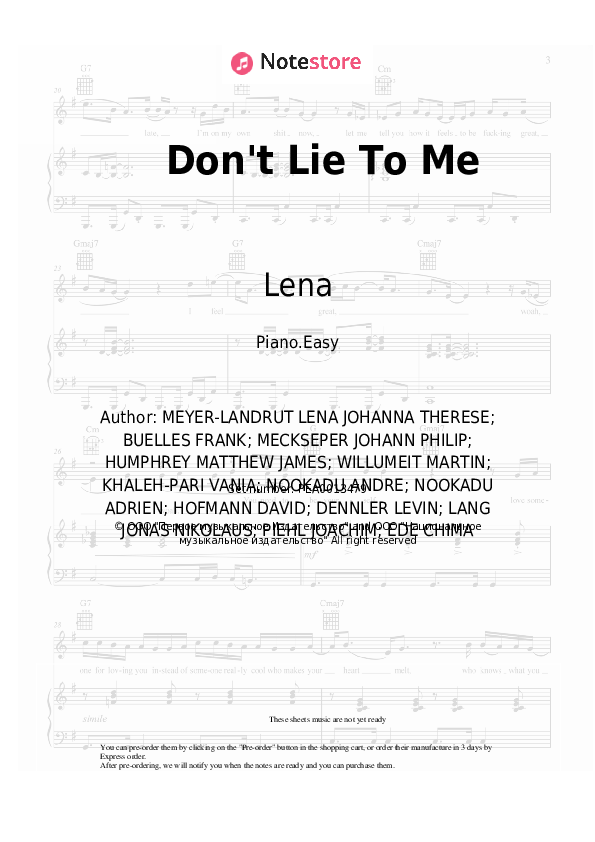 Don't Lie To Me - Lena Piano Sheet Music Easy - Piano.Easy