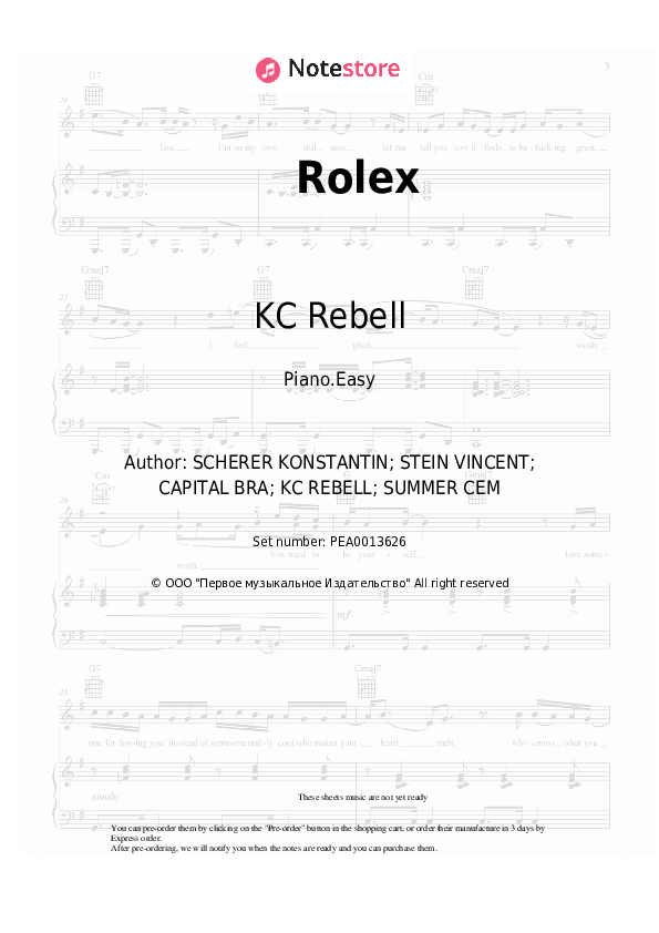 Easy sheet music Capital Bra, Summer Cem, KC Rebell - Rolex - Piano.Easy