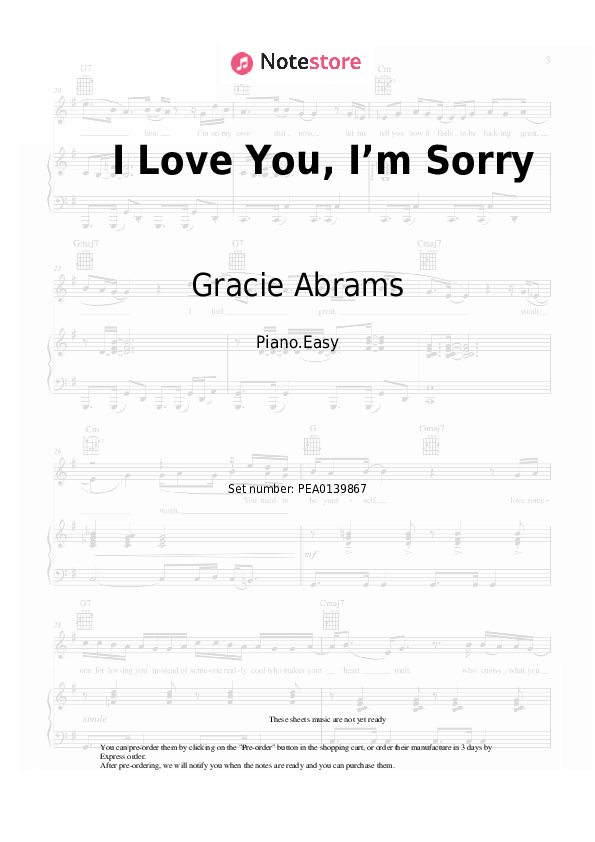 Easy sheet music Gracie Abrams - I Love You, I’m Sorry - Piano.Easy